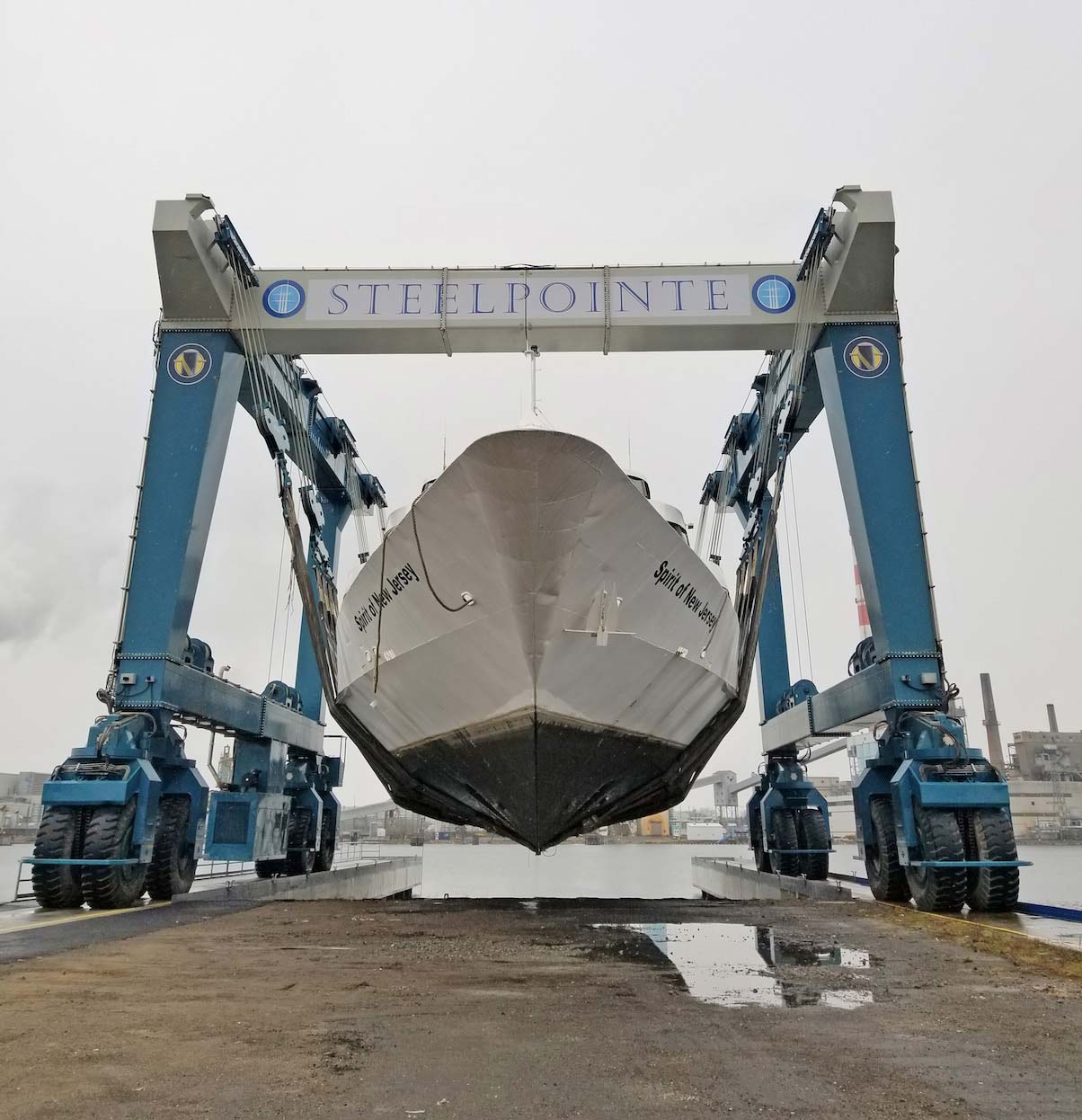 Spirit of New Jersey boat on lift with rollers.