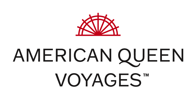 American Queen Voyages logo red paddle wheel and black text.